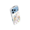 white phone case that is magsafe with a backpanel of hand drawn colourful sketch of an angel cat with a halo and wings, with colourful sparkles around it