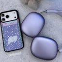 A styled flat-lay featuring a pair of matte lavender wireless earbuds in their charging case, a matching phone case with a bunny graphic, there is some mirror peeking through and a plush gray bunny toy on a textured light gray surface.