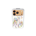 white phone case that is magsafe with a backpanel of hand drawn colourful sketch of an angel cat with a halo and wings, with colourful sparkles around it